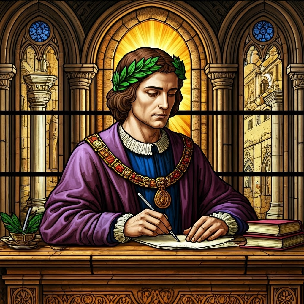 Florentine chancellor writes civic decrees, sunlight forming classical symbols around him.