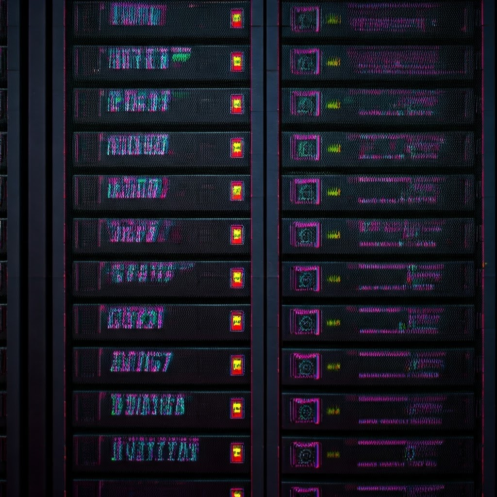 Server rack flickers with neon glitch effects, signaling a system struggling to stay online.
