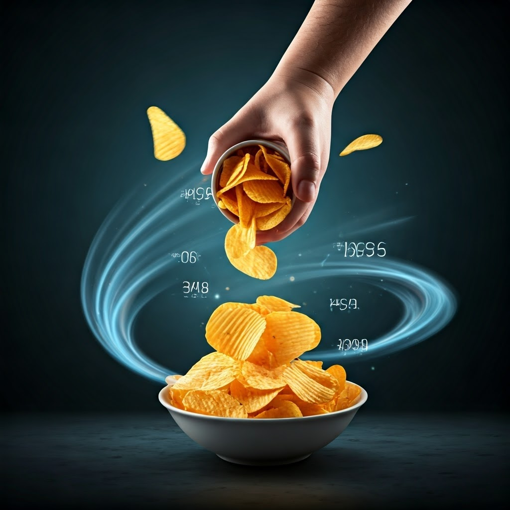 Snacker pours chips while label floats, revealing small serving size and hidden calories.