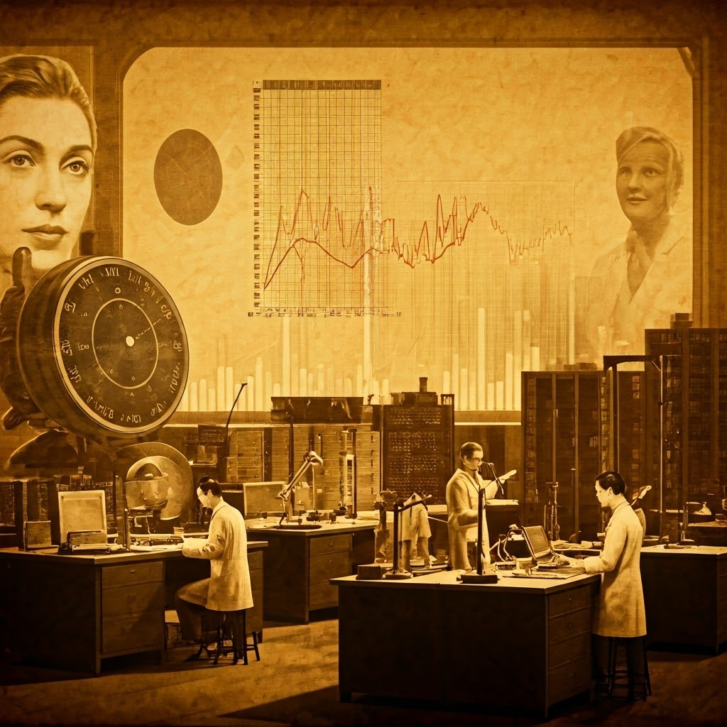 Male scientists in a retro lab develop early tech while blank data charts show missing figures for women.