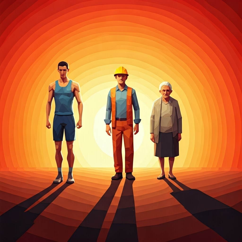 Low-poly scene of vulnerable people standing under an intense sun, highlighting health risks during extreme heat