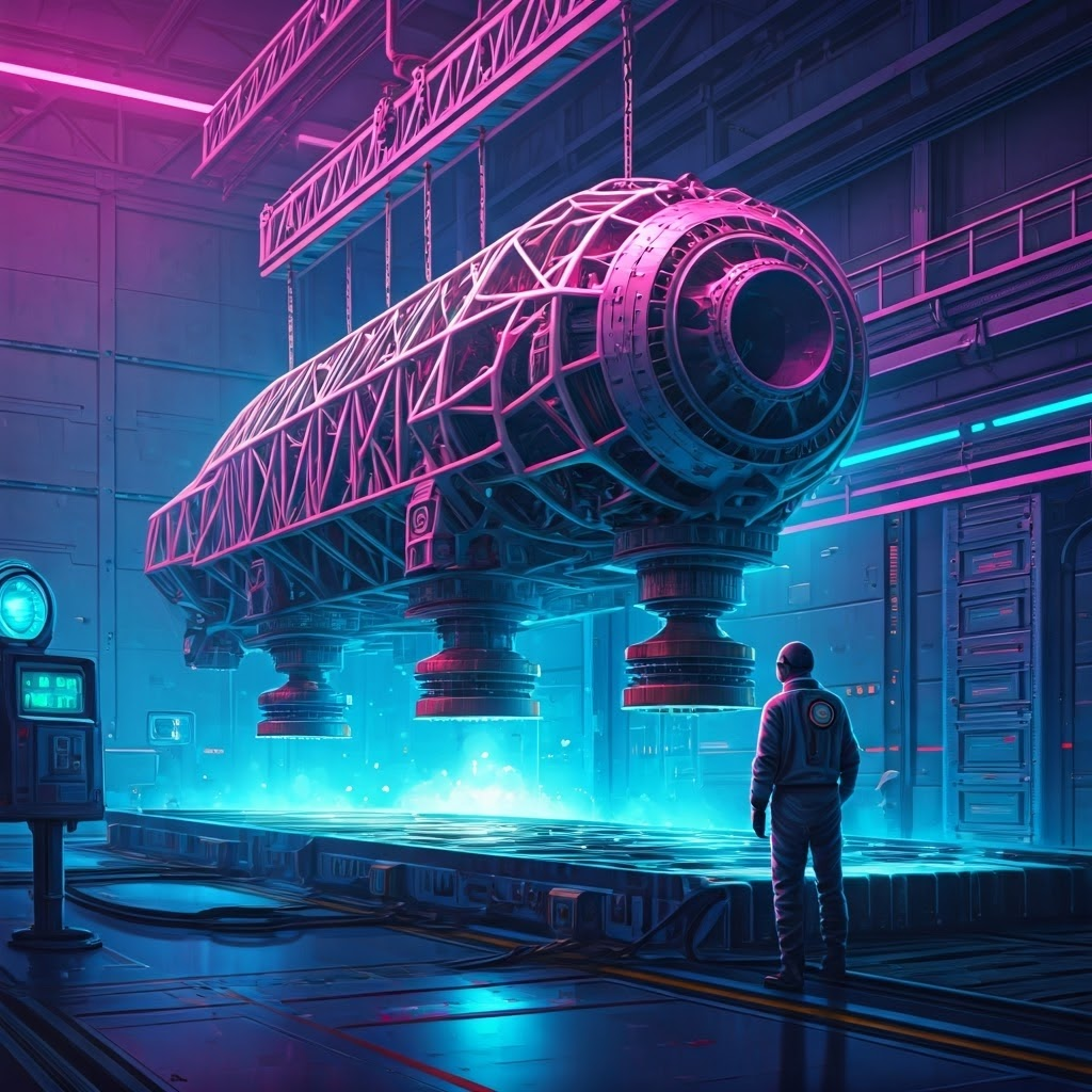 Futuristic hangar showing a spacecraft frame on a vibration table to demonstrate launch stress analysis