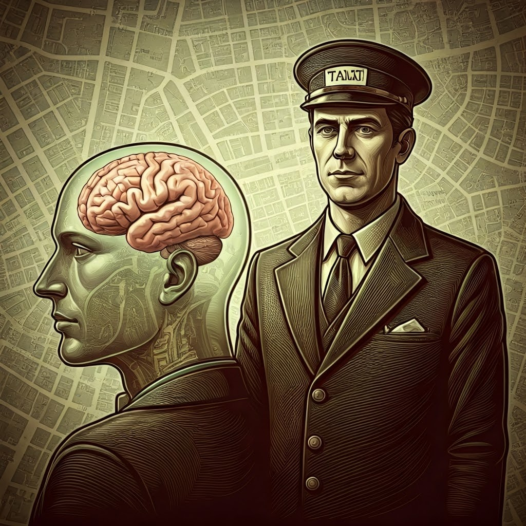 Woodcut-style art of a taxi driver beside a head with an enlarged hippocampus, linking navigation to brain growth.