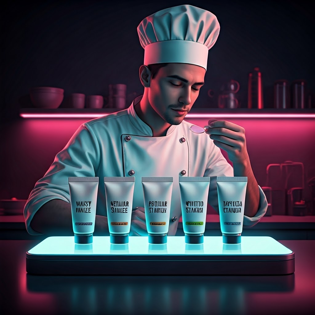 Chef tastes soups beside labeled tubes of different starches under neon light.