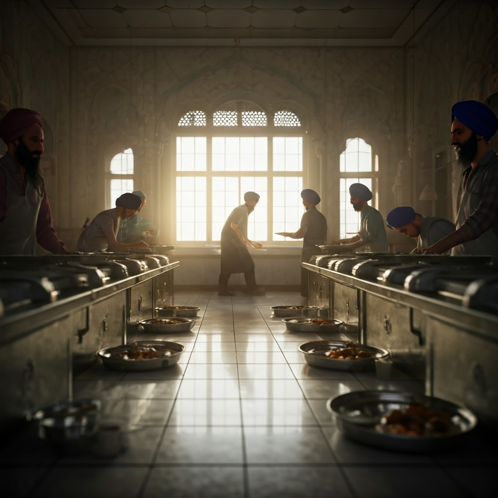 Volunteers serve free meals in a Sikh gurdwara kitchen, embodying equality and service.