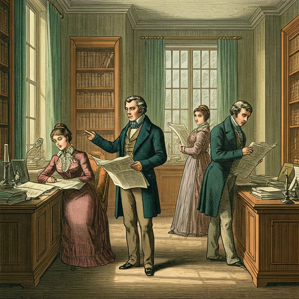 Engraving-style salon scene where well-dressed middle-class readers discuss newspapers under soft daylight, signaling rising political curiosity.