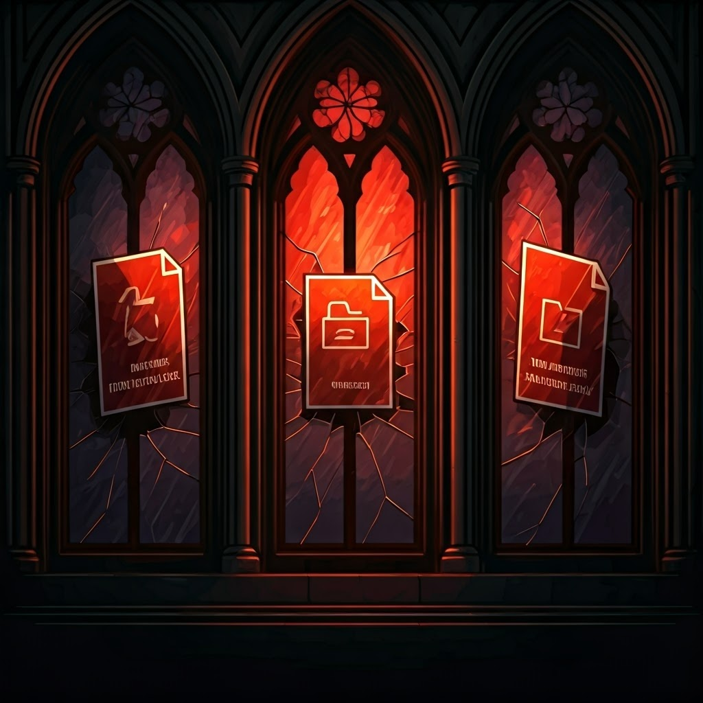 Stained-glass style icons display files named 'Invoice.pdf.exe' and 'New_Password.docm,' warning about risky attachments.