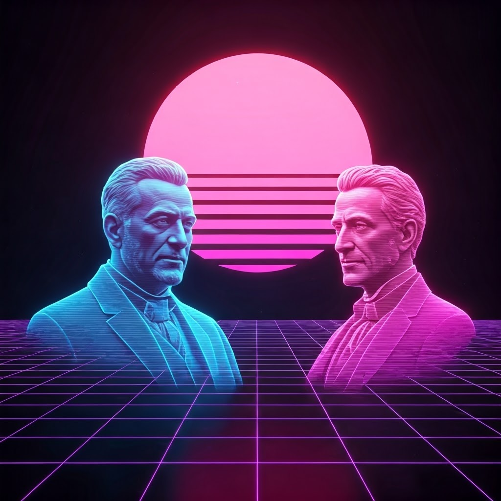 Holograms of Adam Smith and Isaiah Berlin debating in a retro-futuristic room