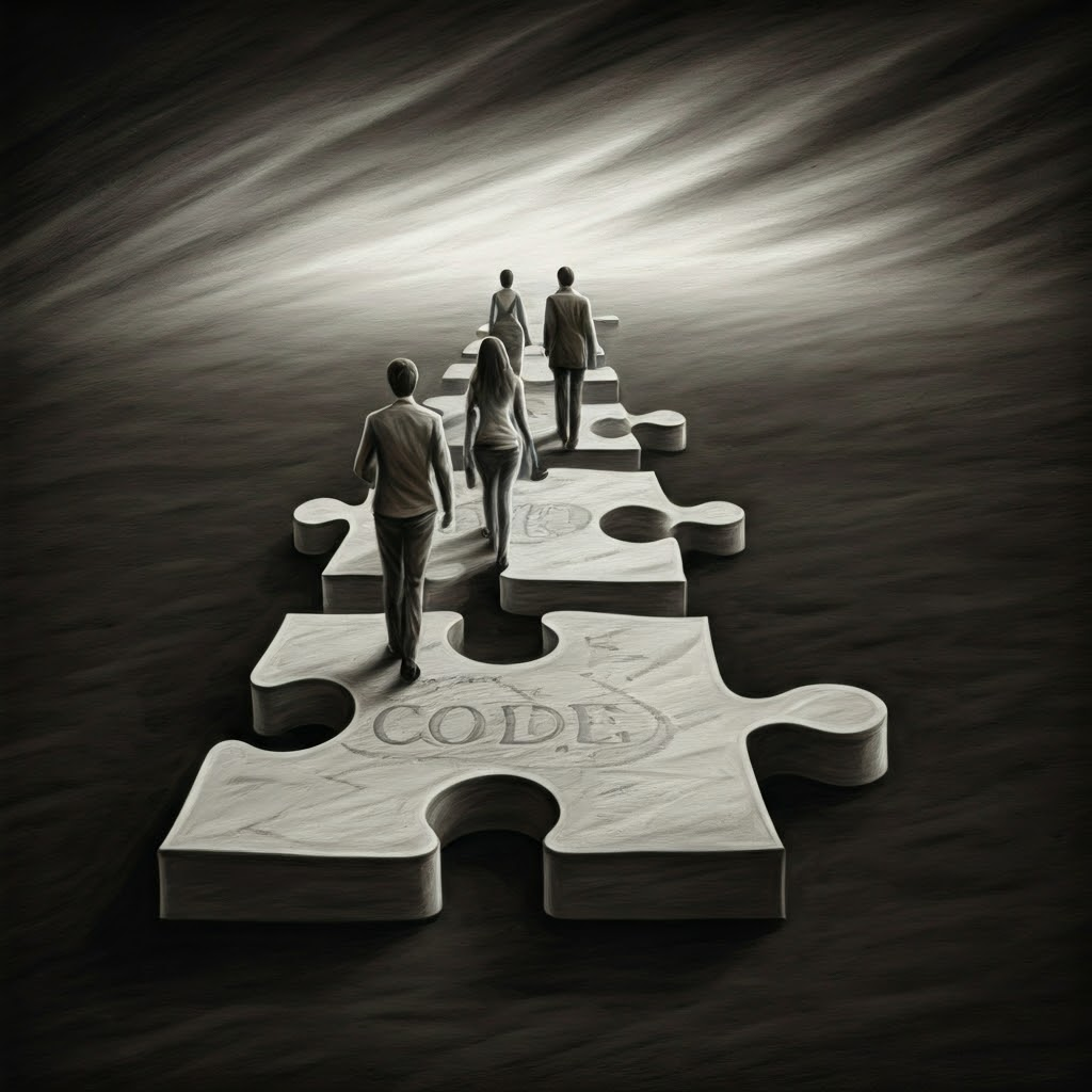 People walk a path built from puzzle pieces marked code, chips, and DNA, symbolizing hidden foundations.