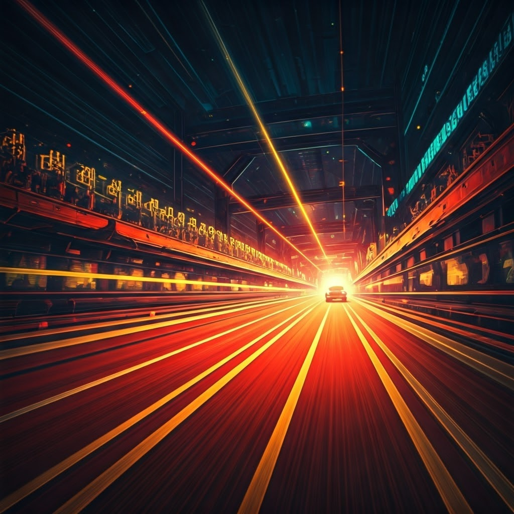 Expressway of neon data streams showing a shift from older TCP roads to modern QUIC lanes