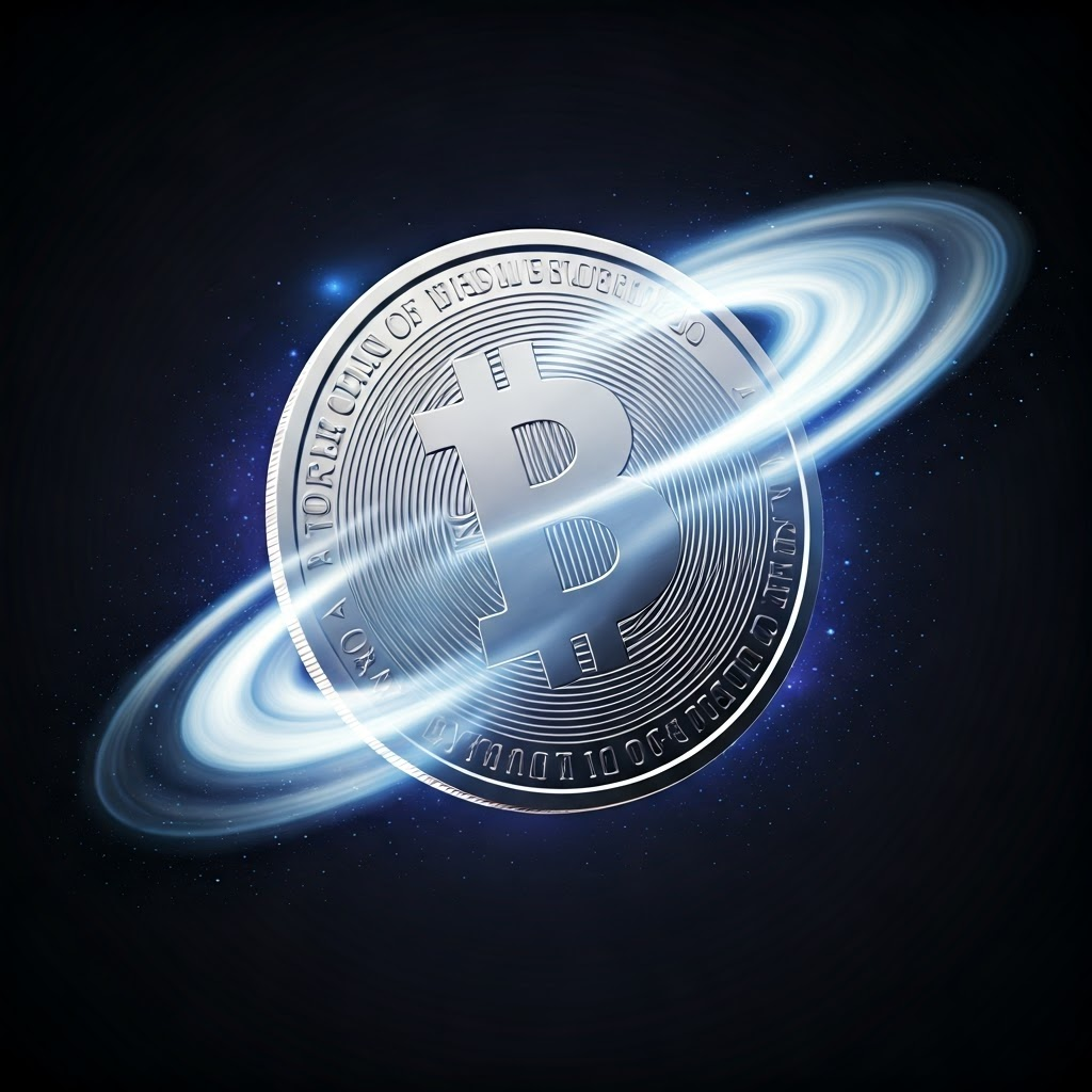 A glowing coin hovers in a dark, star-filled void, its two faces blending as if both heads and tails at once.