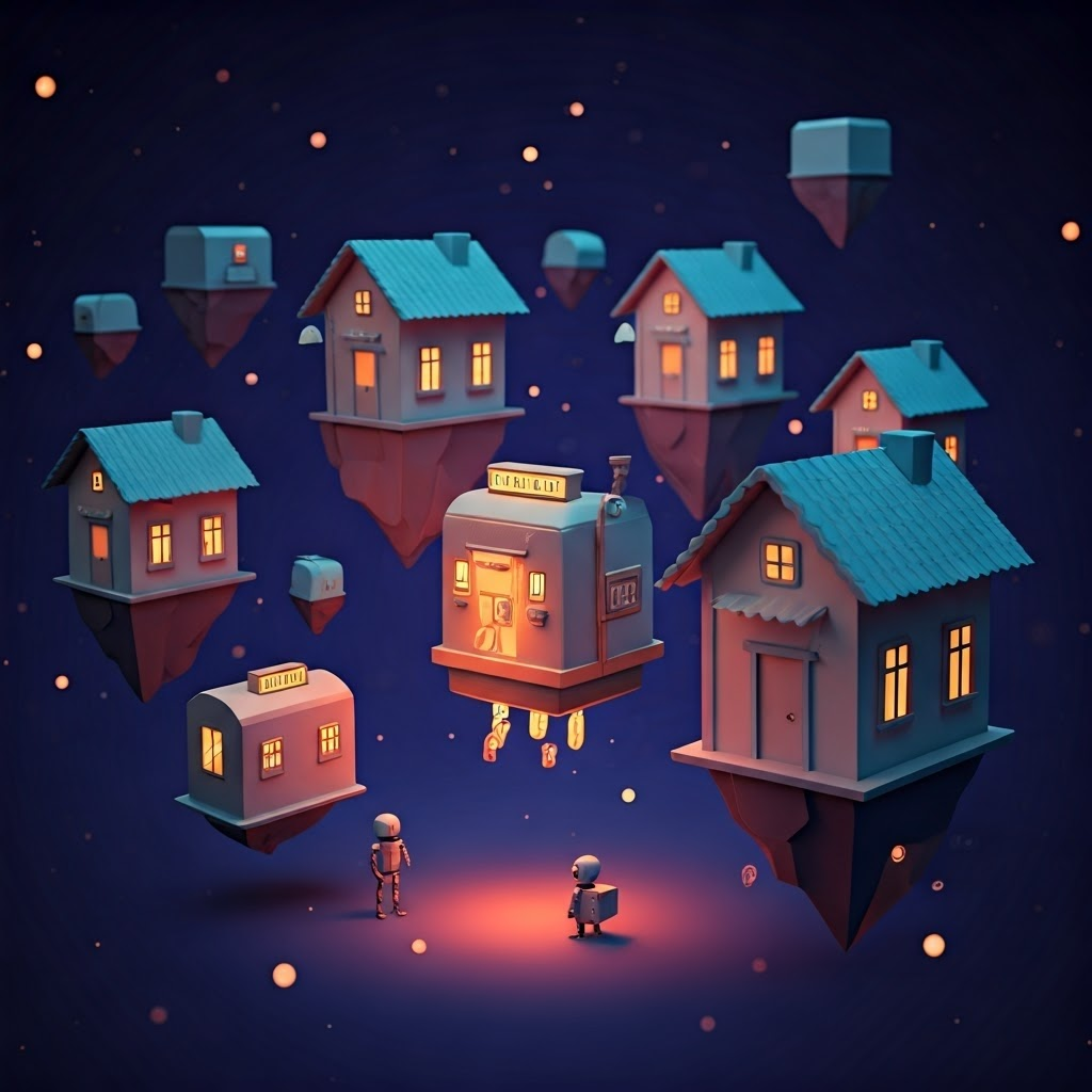 Floating houses with glowing numeric addresses in a starry void