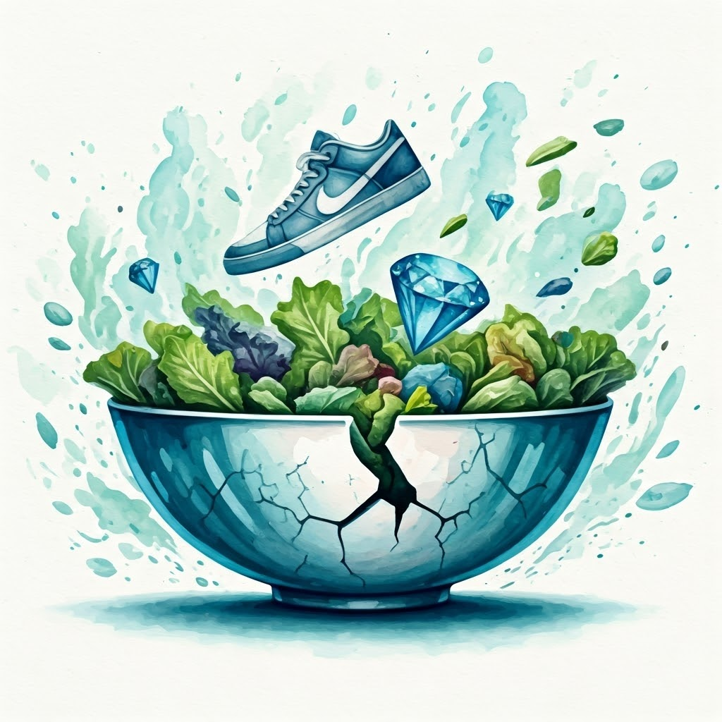 Cracked salad bowl surrounded by swirling images of sneakers, diamonds, and microchips in vibrant watercolor