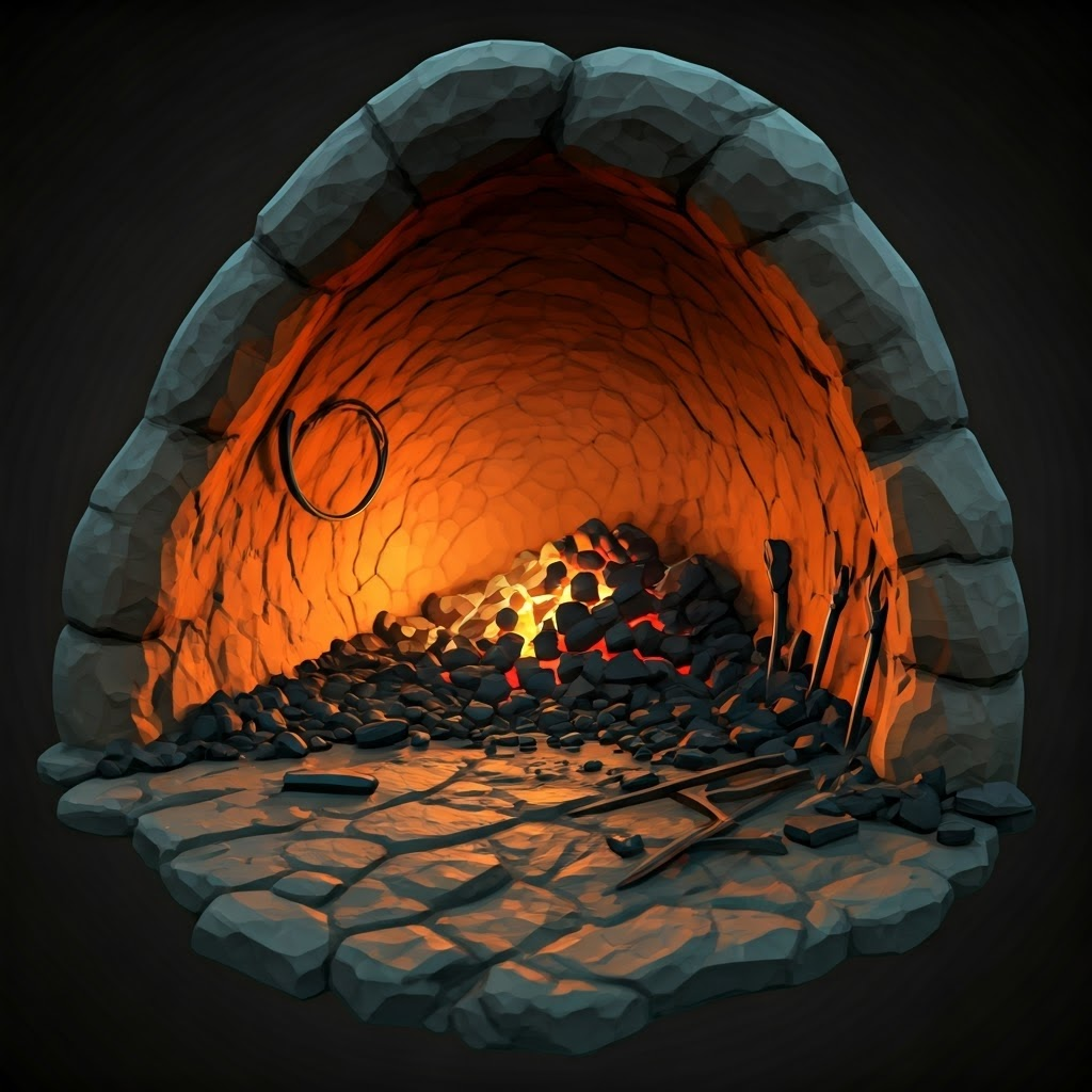 Crumbling 17th-century furnace littered with charcoal fragments, hinting at the fragile limits of old technology.