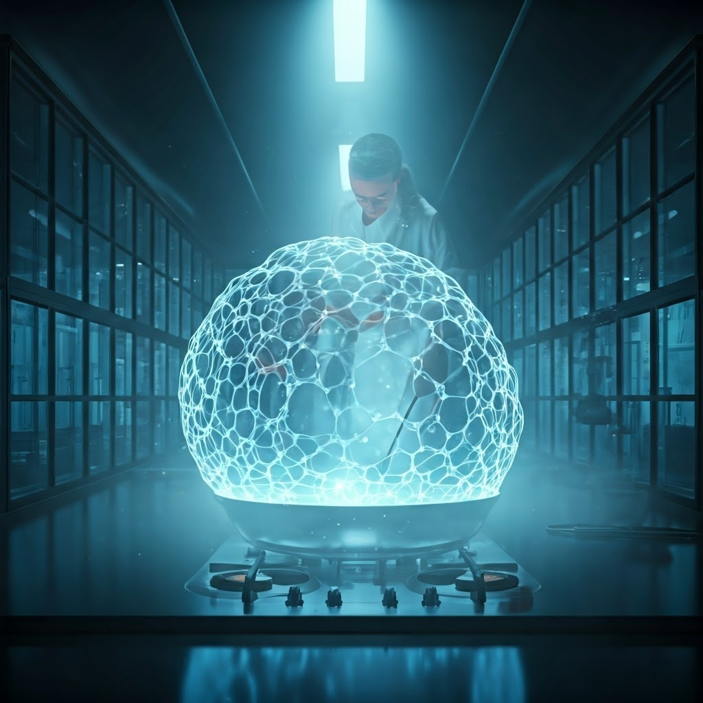 Illustration of hydrocolloid strands forming in a kitchen-lab, highlighting water binding.