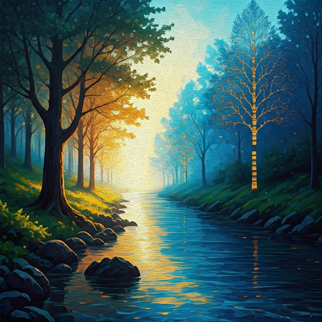 Impressionist river of data flowing through a tech forest, suggesting scalable learning power