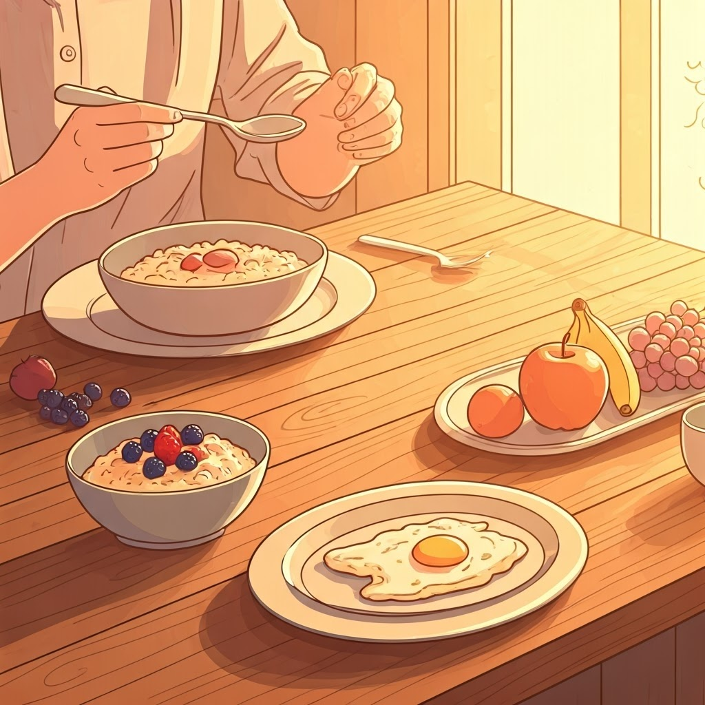 Breakfast spread of oatmeal, eggs, and fruit highlighting food as stored chemical energy.