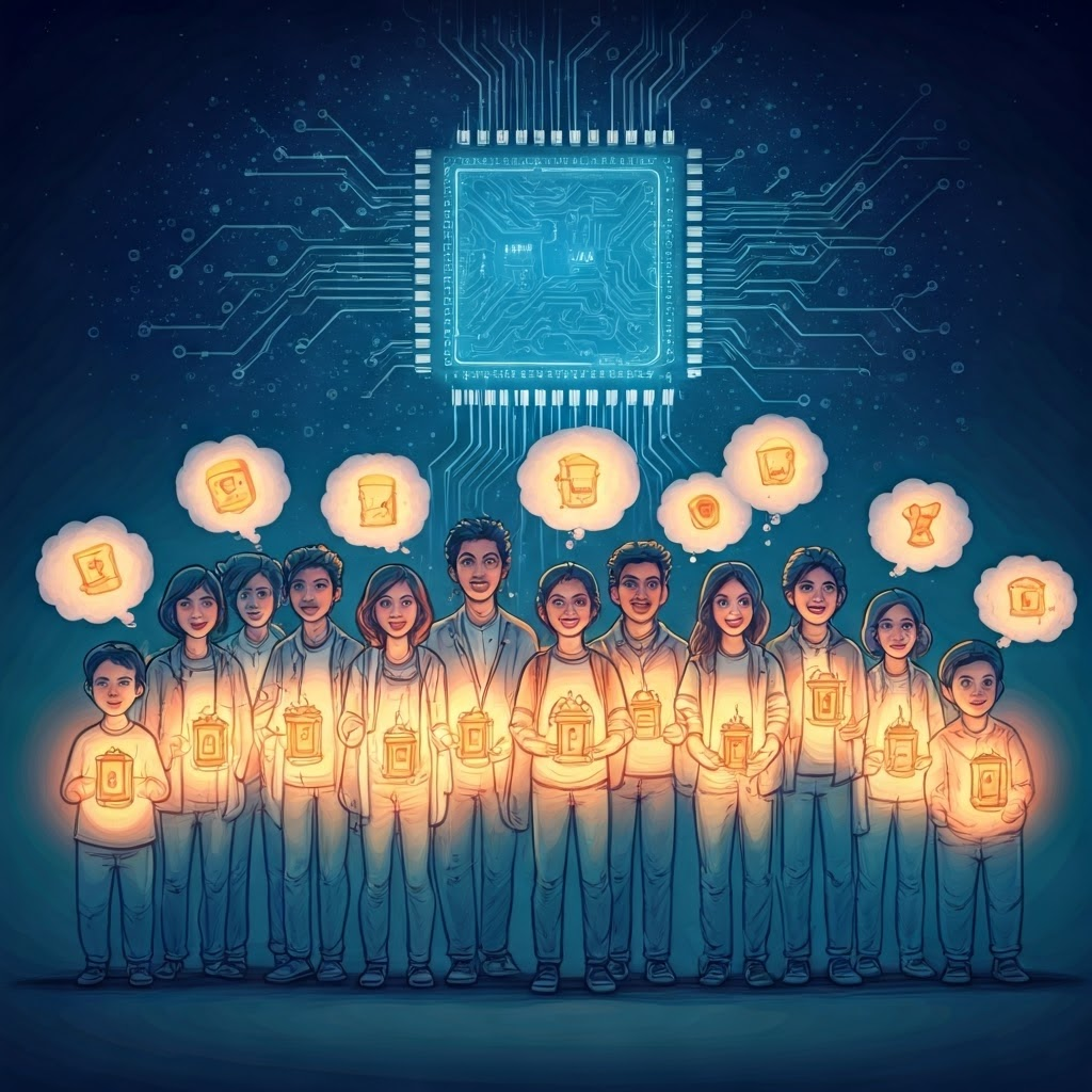 People from different walks of life holding glowing tokens under a starry circuit-board sky.
