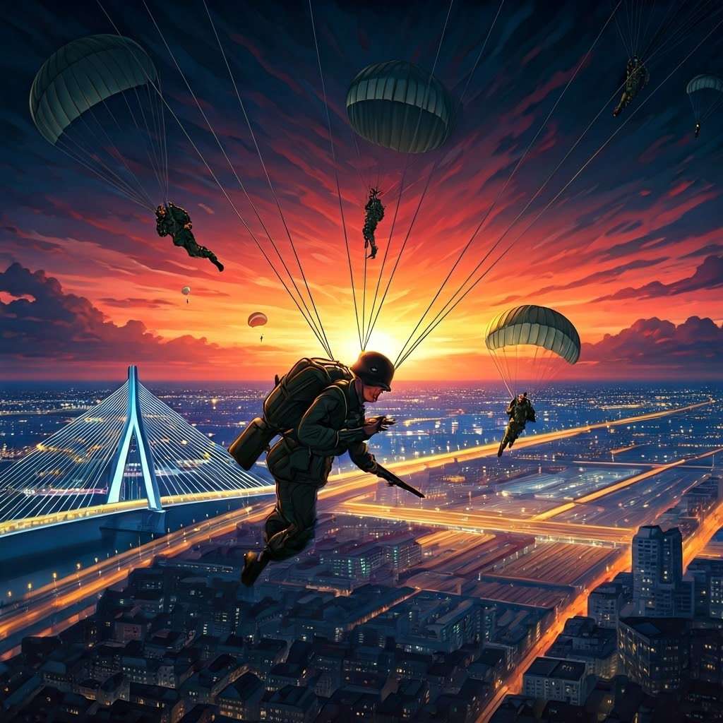 German paratroopers descend over Rotterdam at night, highlighting airborne shock tactics.