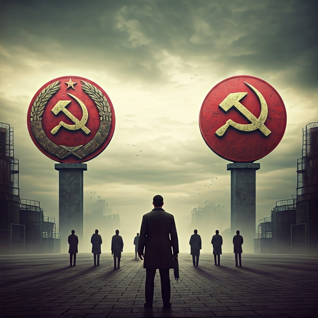 Photorealistic scene of tired civilians beneath faded superpower emblems under a smog-filled sky, symbolizing Cold War strain