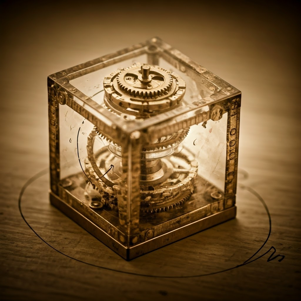 Small brass gyroscope spinning inside a transparent cube, arrows marking angular momentum.