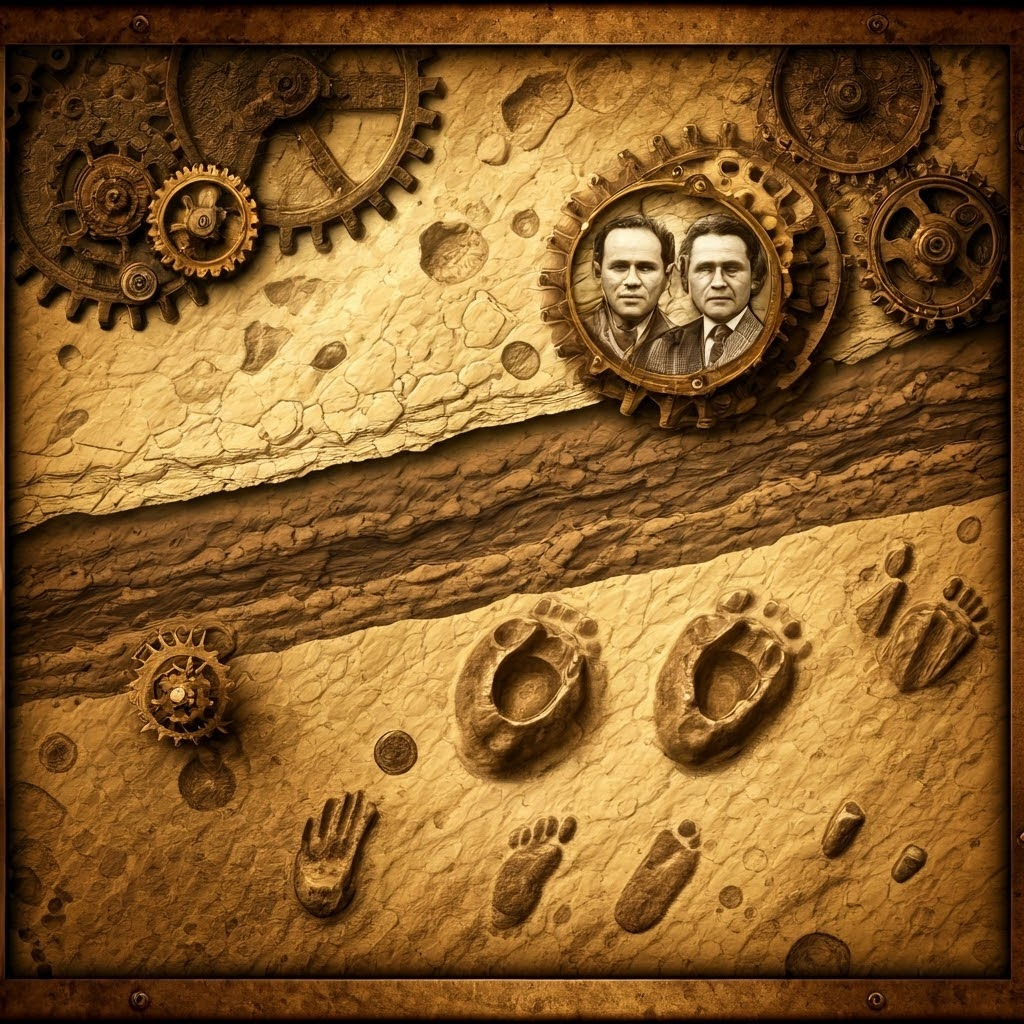 Steampunk blueprint featuring portraits of Richard and Mary Leakey among gears and fossil sketches.