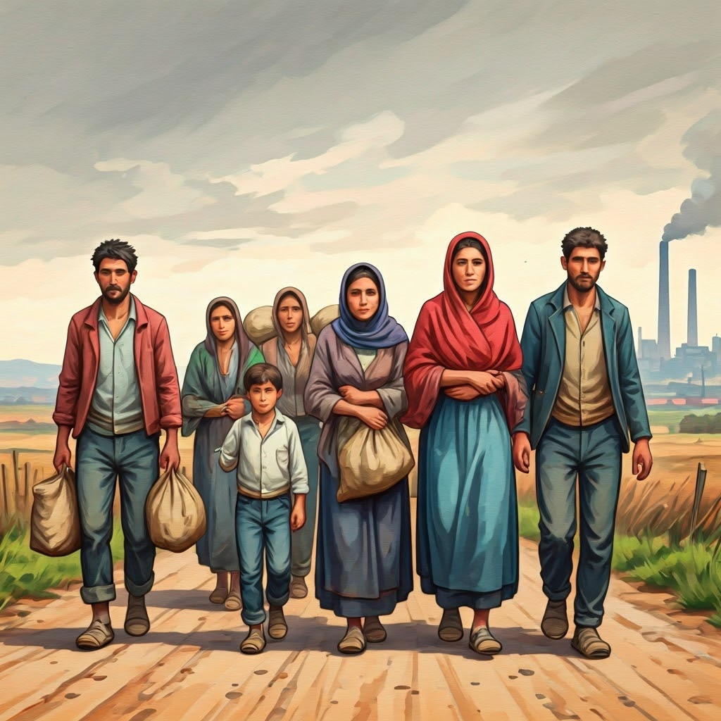 Rural families walking a dusty road toward distant city smokestacks with mixed hope and fatigue