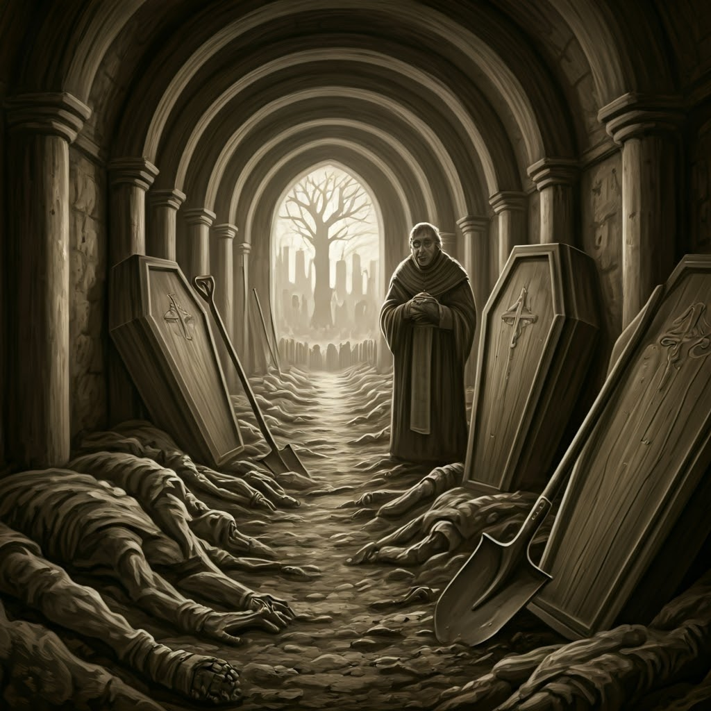 Workers stand beside a crowded medieval mass grave in a churchyard