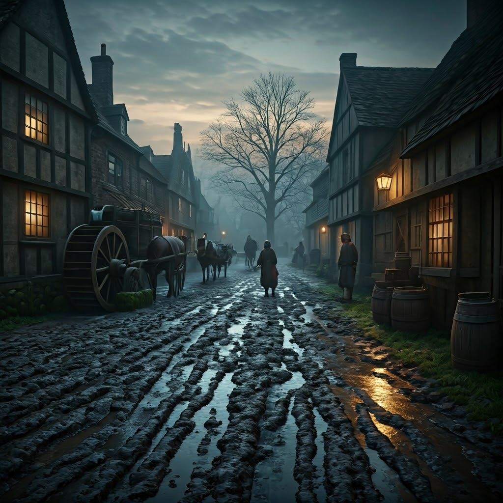 Early-morning 1750s English village street with muddy road, small timber workshops, and a slow waterwheel beside a half-frozen stream, all lit by cool dawn fog