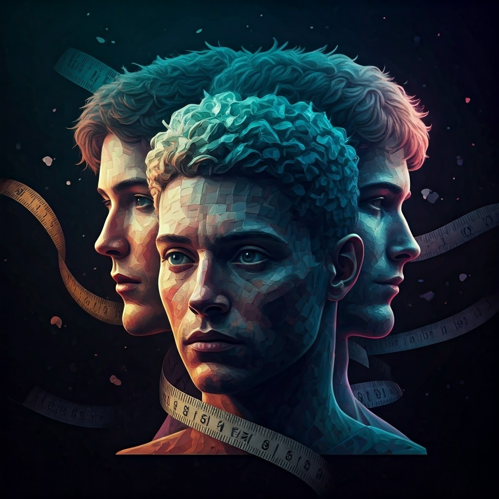 Diverse faces with a ruler woven into DNA strands, highlighting complex traits like height