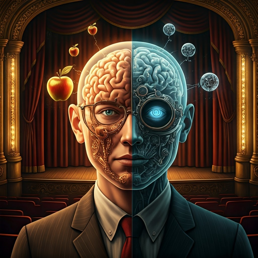 Illustration of a backstage figure with transparent head showing glowing neural circuits that convert sensory signals into meaningful images.