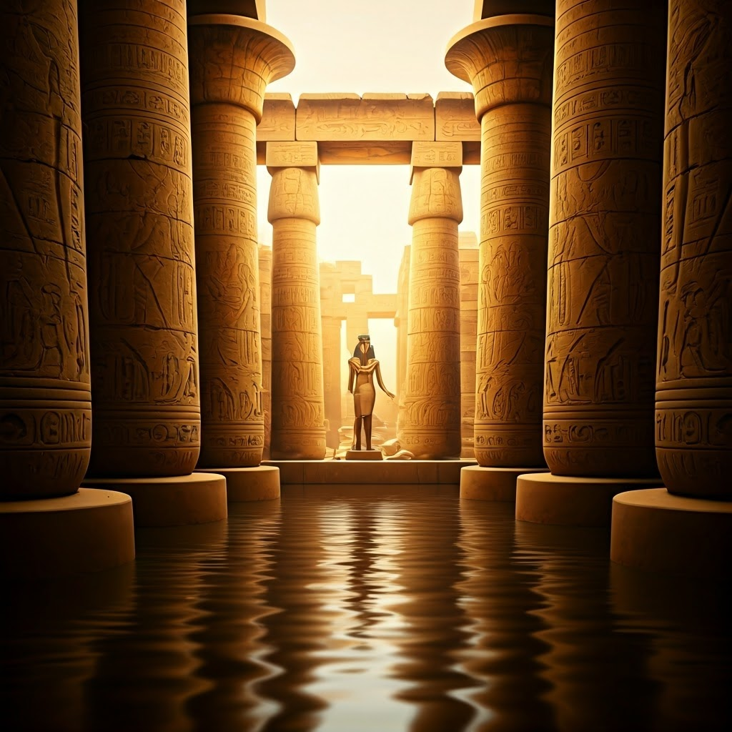 Temple relief of a powerful female pharaoh lit by dawn.