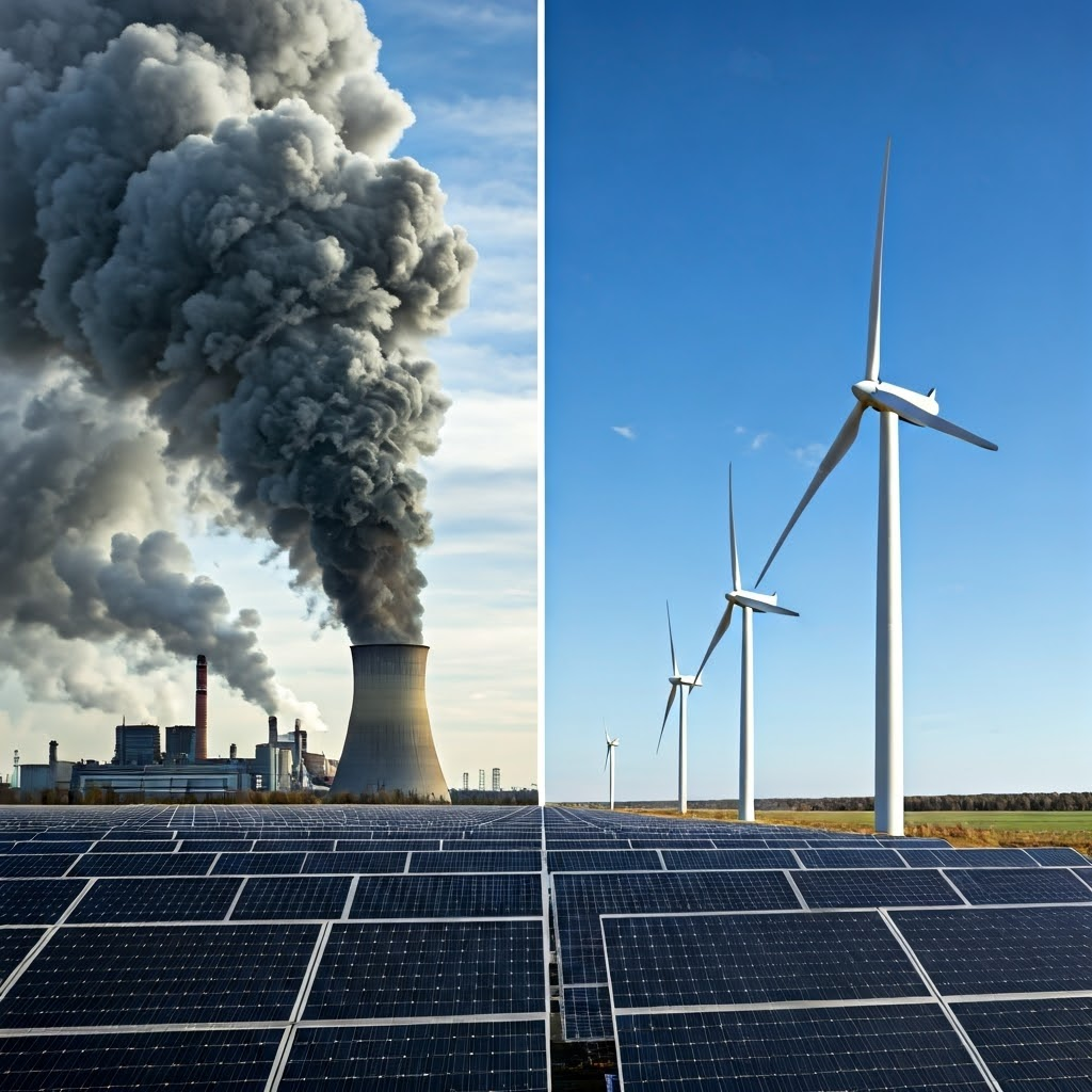 Side-by-side view contrasts a smoky coal plant with bright solar panels and wind turbines