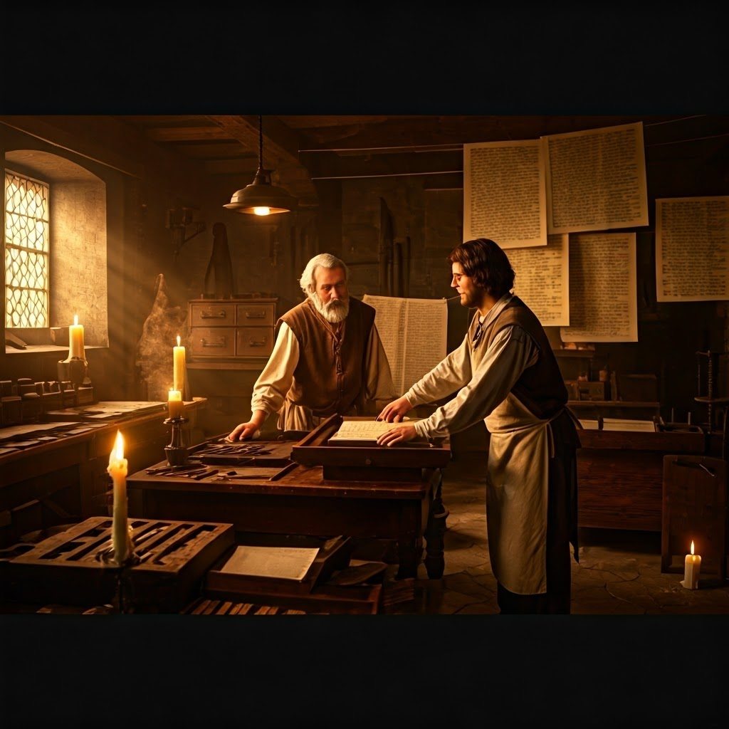 Johannes Gutenberg supervises a wooden press as fresh pages of Latin classics dry, marking the dawn of mass-produced knowledge.