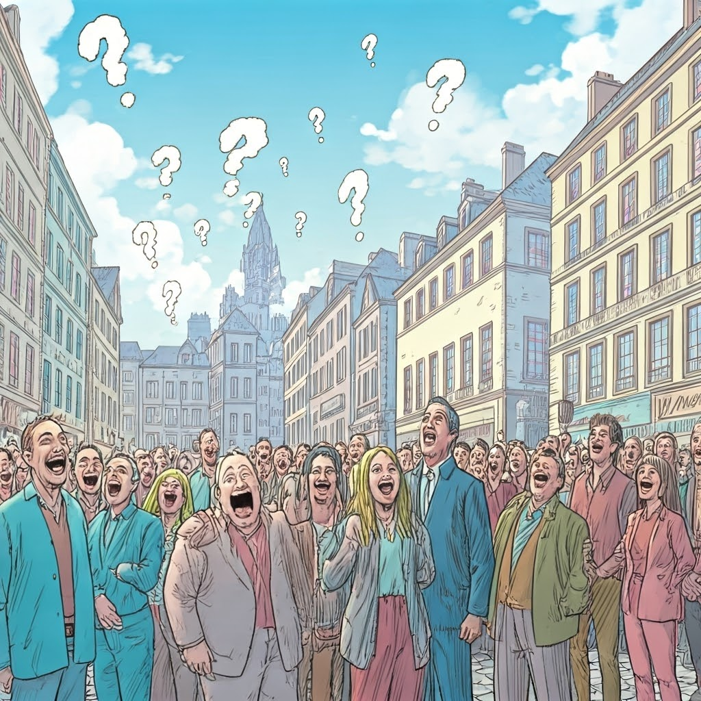 Comic-book scene of a crowd laughing in a square while thought bubbles swirl overhead