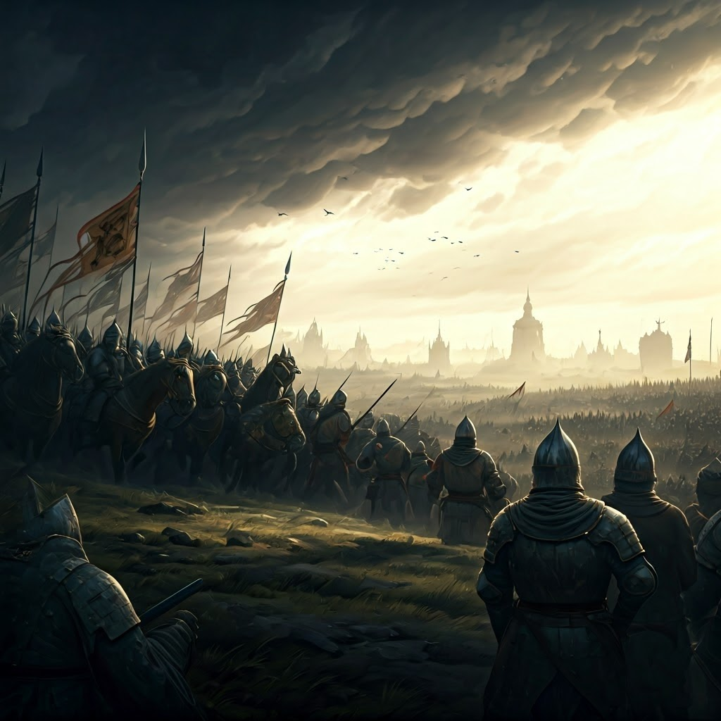 Medieval generals send messengers across a stormy battlefield, banners waving, high-detail epic scene