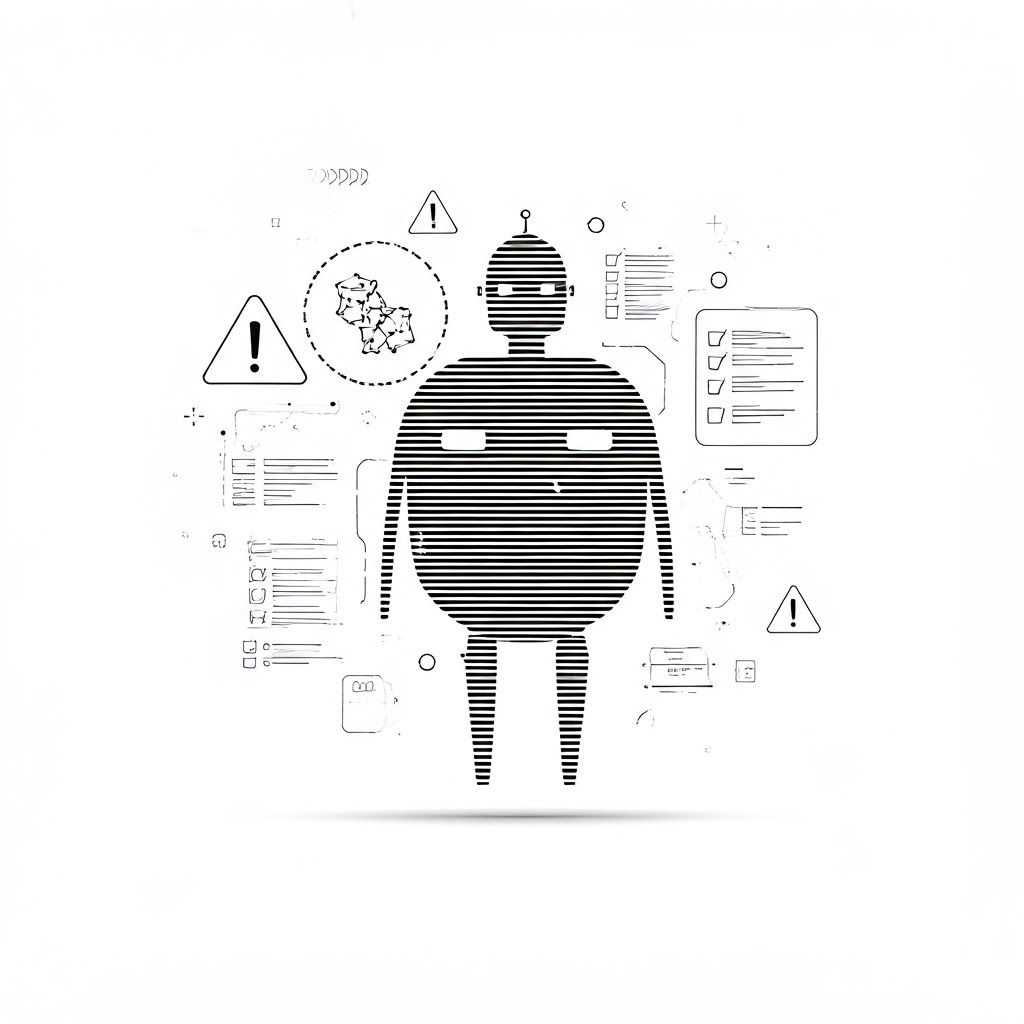 Clean line art shows a robot surrounded by warning icons and a checklist