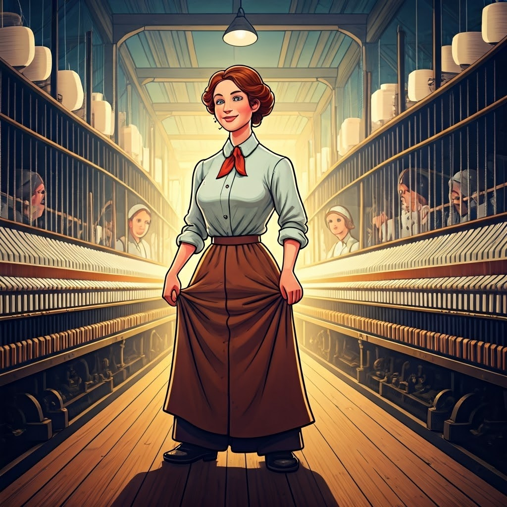 Amelia Bloomer adjusts loose trousers under a shorter skirt inside a mill, signaling a quiet fashion rebellion.