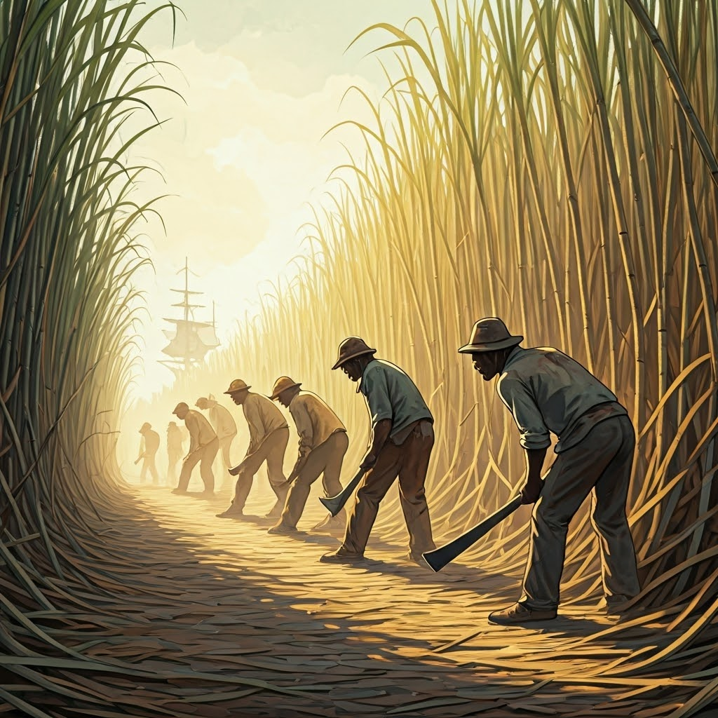 Long sugarcane rows at dawn, tired workers with machetes framed by mist and distant ships, capturing exhaustion and profit.