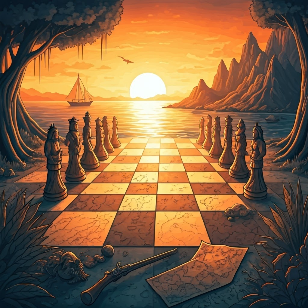Giant chessboard overlaying a shoreline where Native and European figures stand as pieces, symbolizing strategic alliances.
