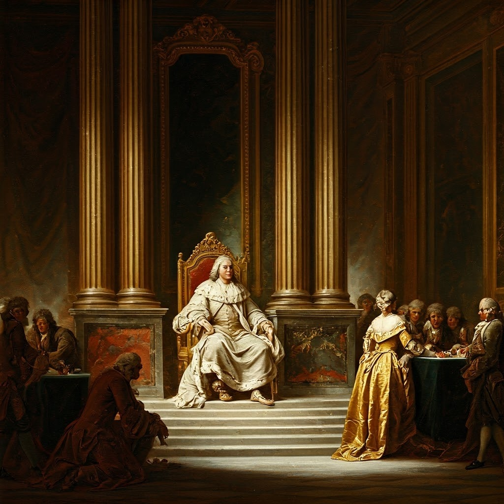 Louis XVI on an empty throne; rich robes contrast with shivering servants in a frosty hall