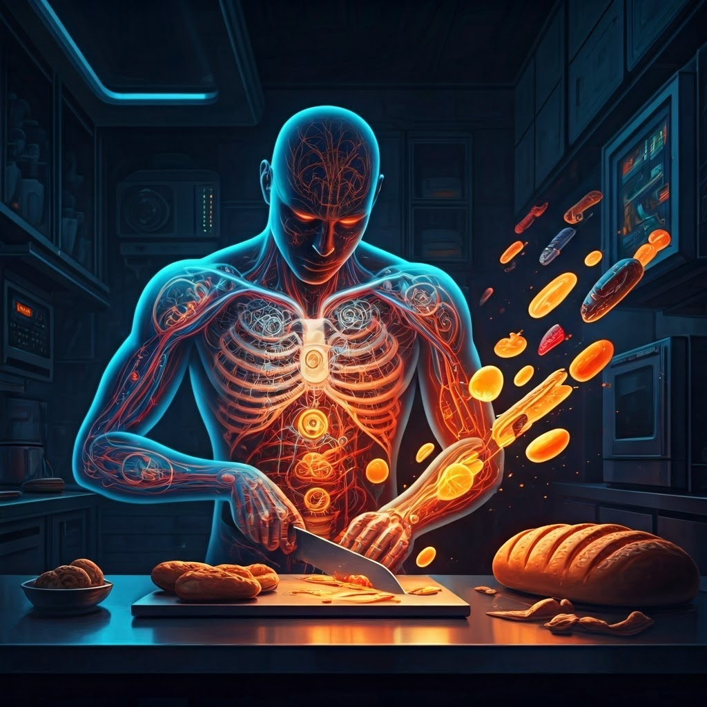 Futuristic kitchen scene where a translucent human chef turns glowing food into streams of light, symbolizing energy moving from meals into the body.