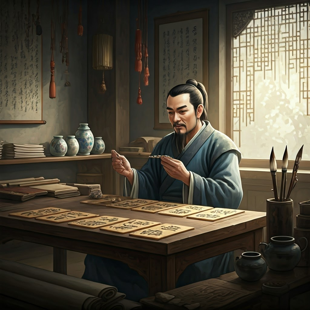 Song-dynasty workshop where an inventor arranges small clay characters on a bench