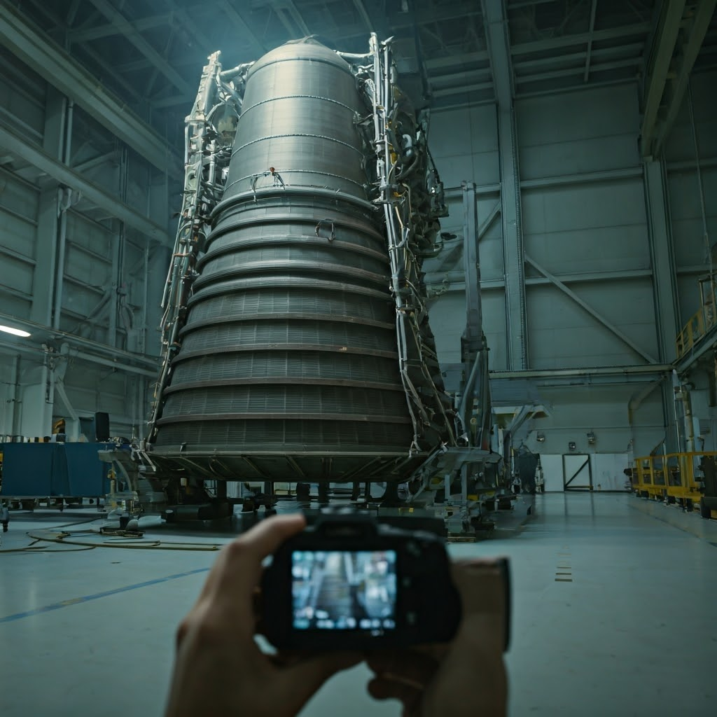Engineers inspect a worn rocket engine under bright shop lights