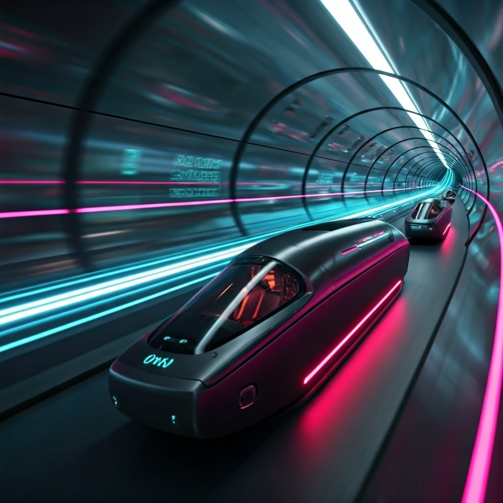 Interior view of a chrome hyperloop tube with multiple sleek pods leaving luminous trails, emphasizing publicity and momentum.