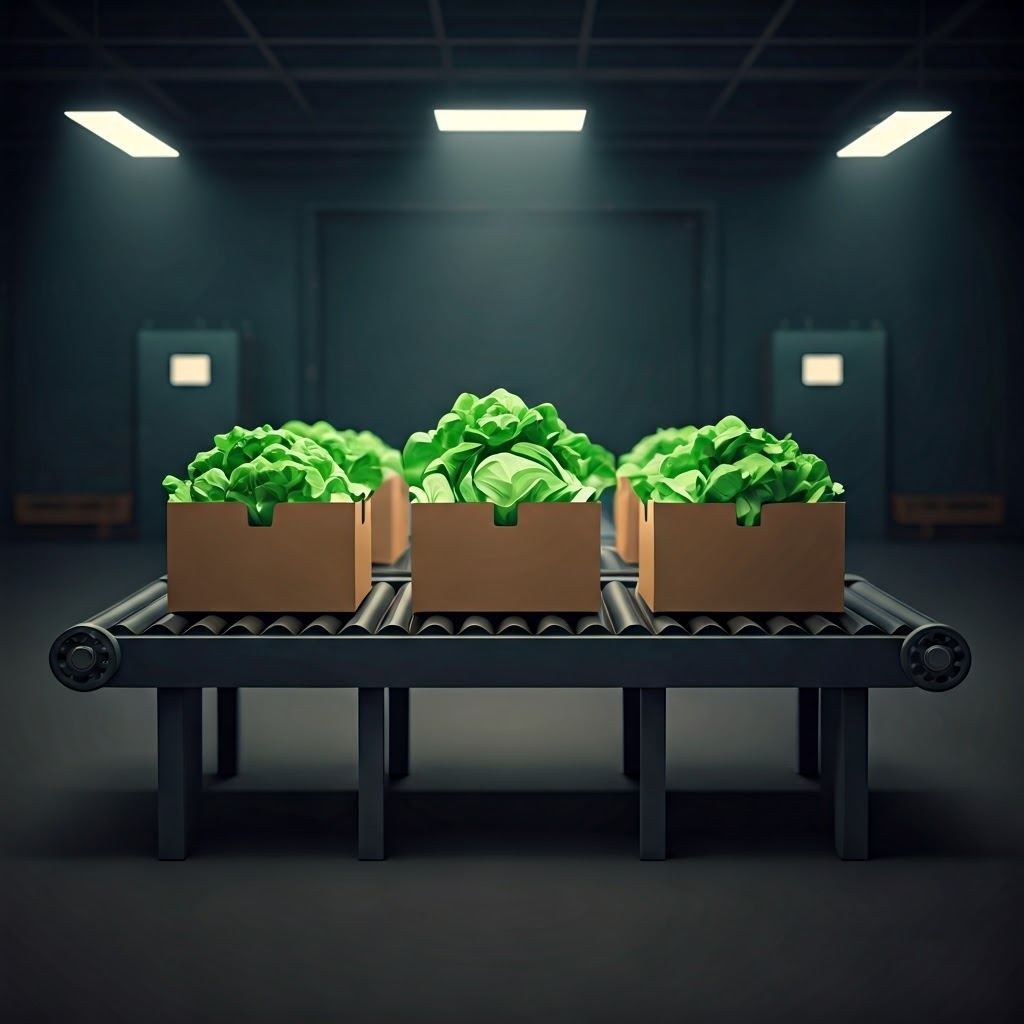Stacks of lettuce-filled boxes glide along a warehouse conveyor, cool greens popping against gray machinery