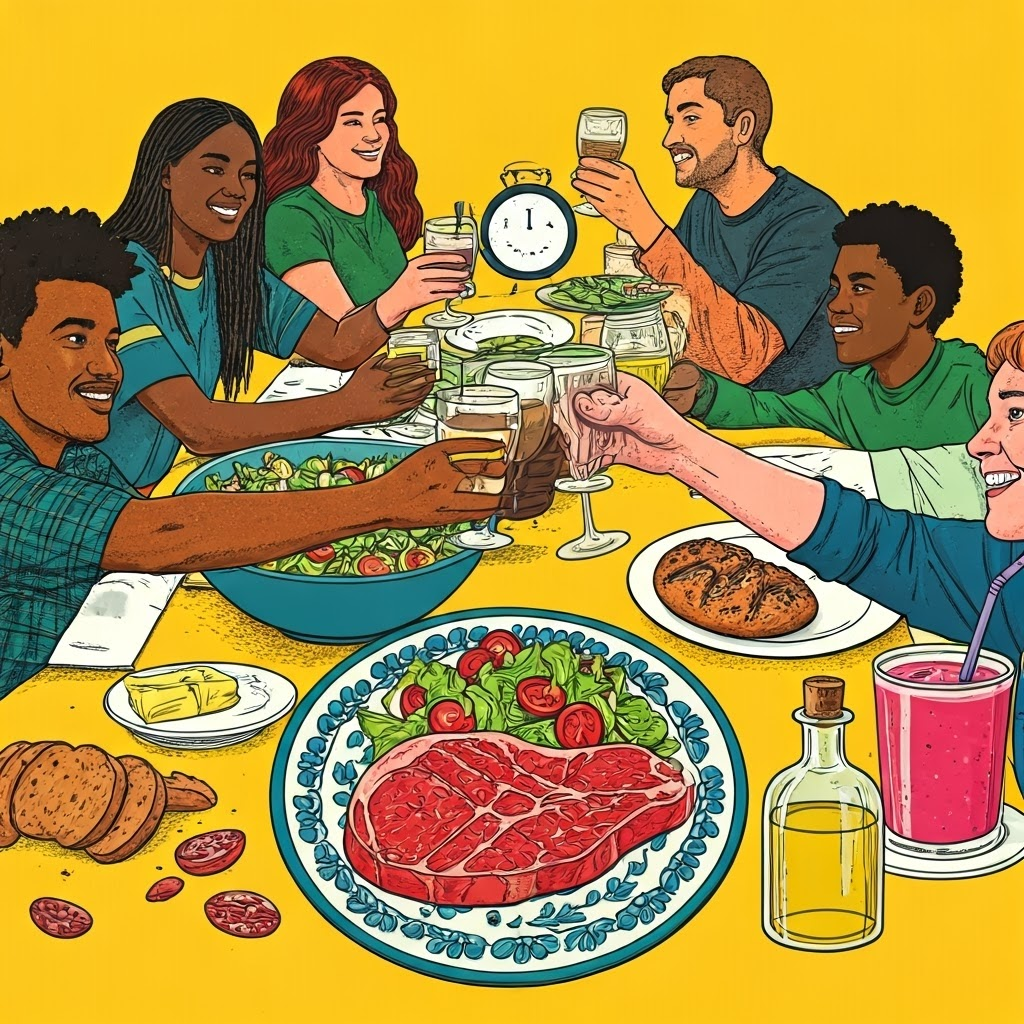 Festive table where varied dishes and smiling diners suggest blending diet ideas for lasting enjoyment