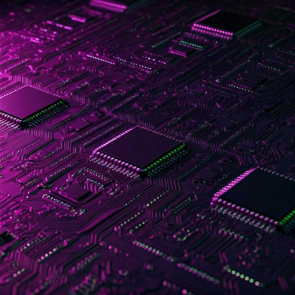 Neon blueprint of a microchip packed with perfect grids of purple and green circuits.