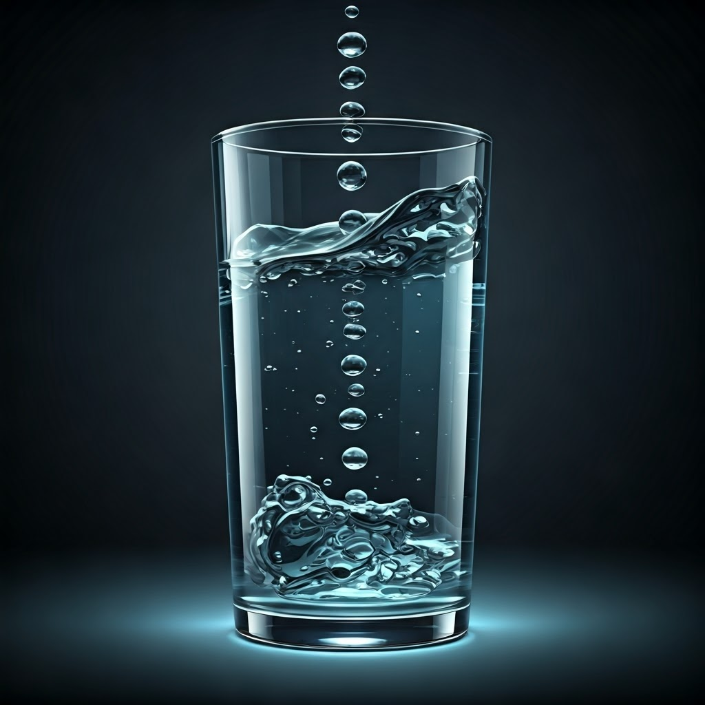 Low-poly glass filling with water to illustrate neural threshold concept when overflow occurs.