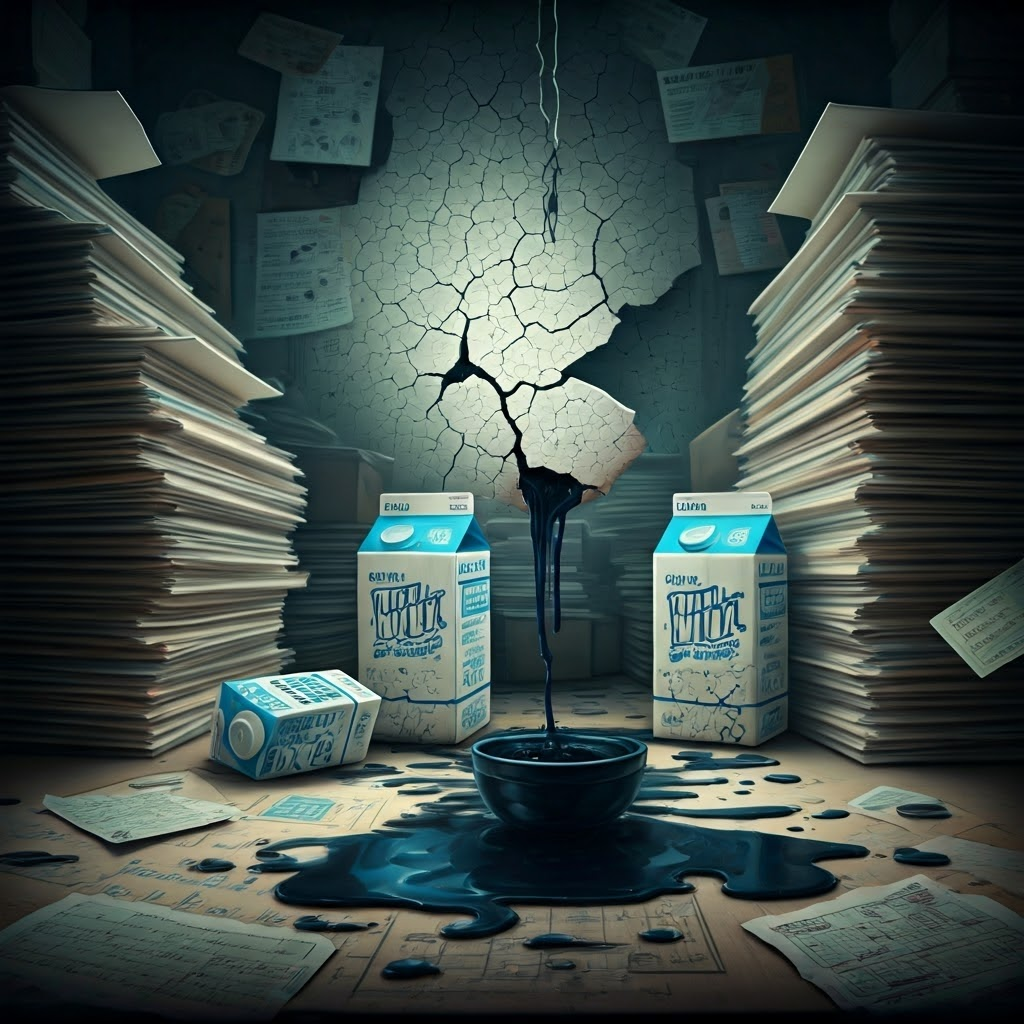 Chaotic office scene with leaking milk cartons and piles of mismatched paperwork under harsh light